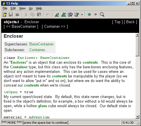 Screenshot from T3 Help in the HTML TADS interpreter.